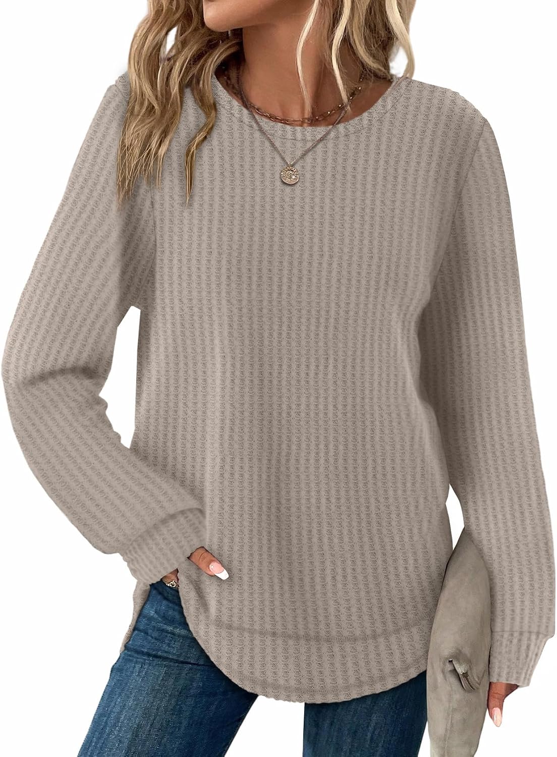 Dresden Women's Waffle Knit Tunic Top – Round Neckline, Full-Length Sleeves & Curved Hem