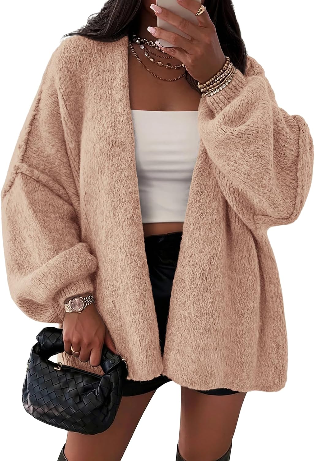 Mireio Women's Oversized Cardigan – Balloon Sleeves, Dropped-Shoulder Design & Open-Front Design
