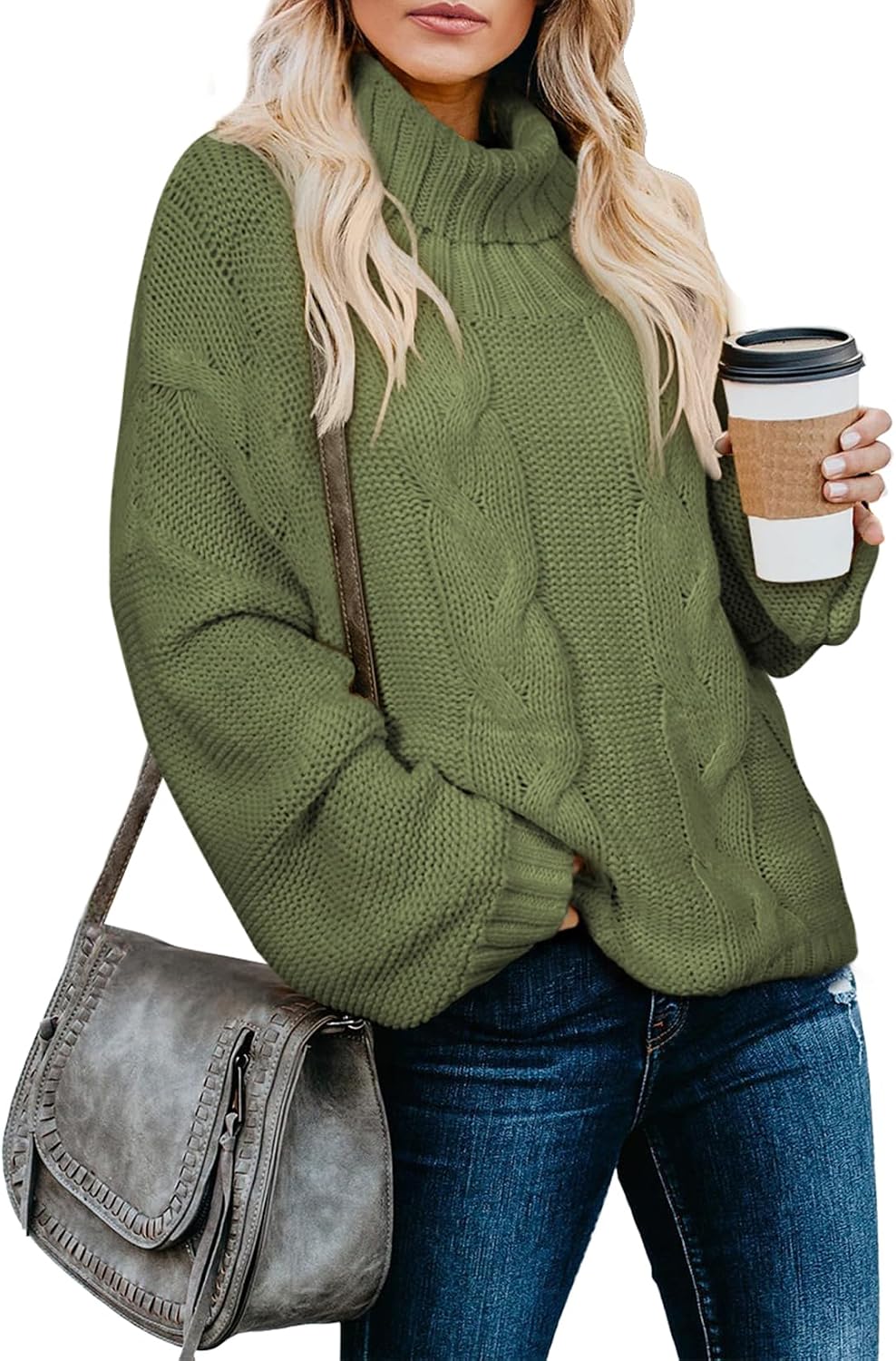 Giselle Women's Cable Knit Turtleneck Sweater – Dolman Sleeves, Cropped Fit & Ribbed Hem