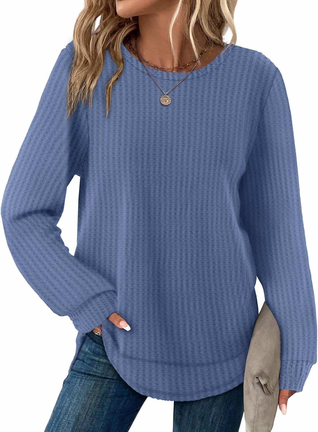 Dresden Women's Waffle Knit Tunic Top – Round Neckline, Full-Length Sleeves & Curved Hem