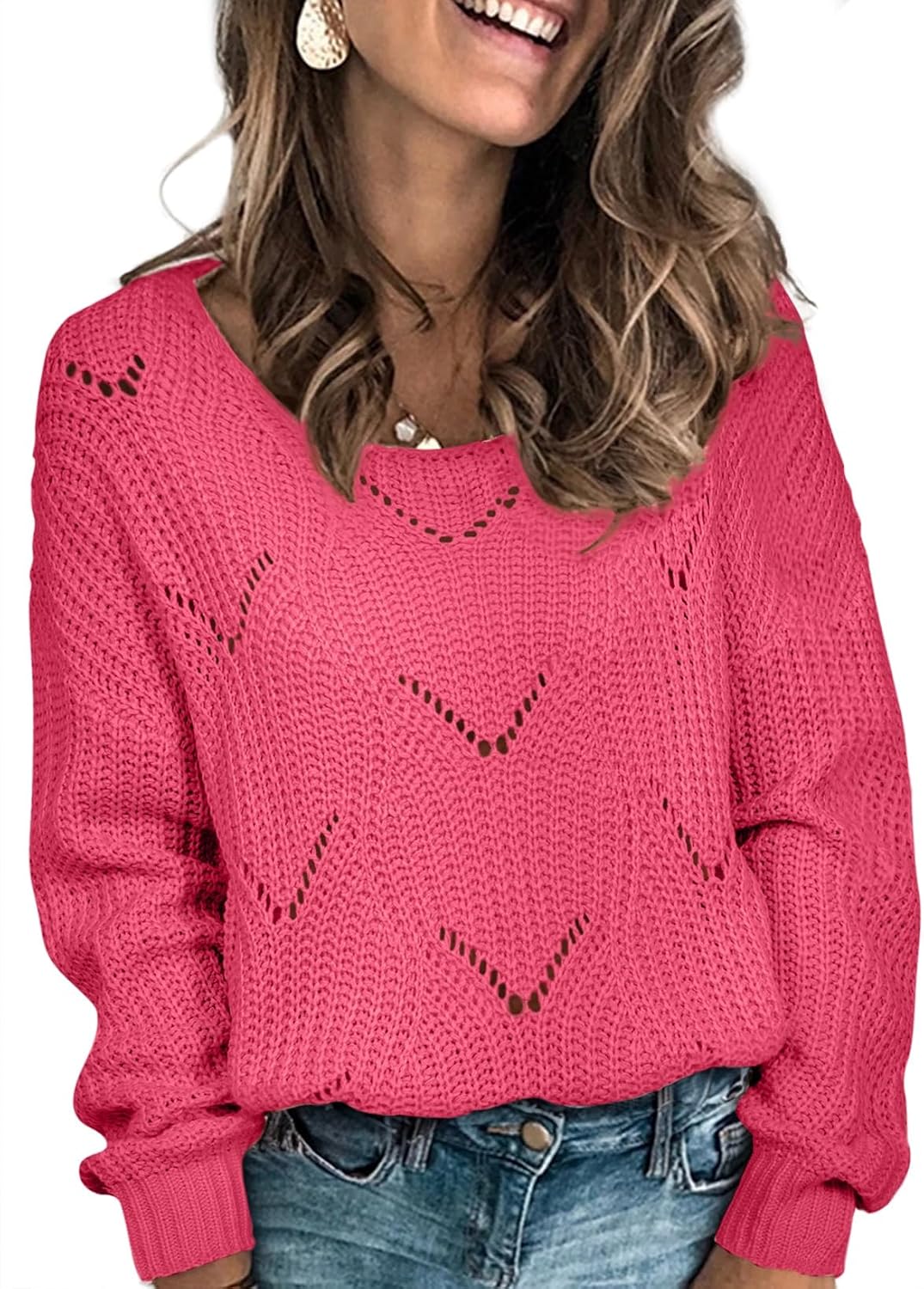 Ingrida Women's Hollow Knit Sweater – Convertible Neckline, Full-Length Sleeves & Relaxed Silhouette