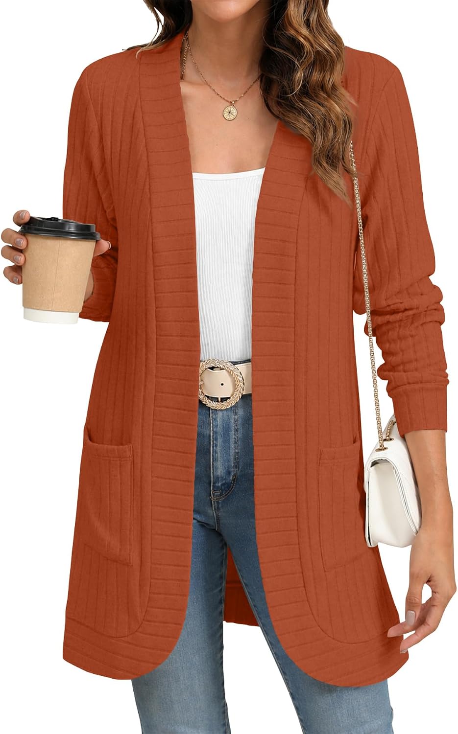 Draycen Women's Ribbed Open-Front Cardigan – Full-Length Sleeves, Relaxed Silhouette & Side Slip Pockets