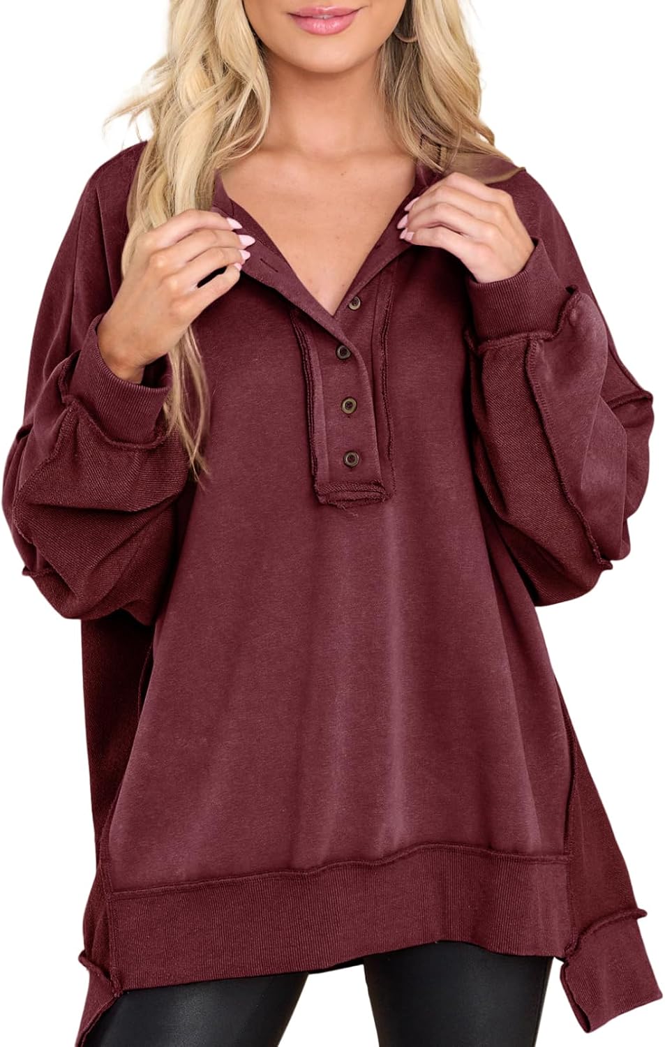 Imogen Women's Henley Sweatshirt – Button V-Neckline, Dropped-Shoulder Design & Loose Silhouette