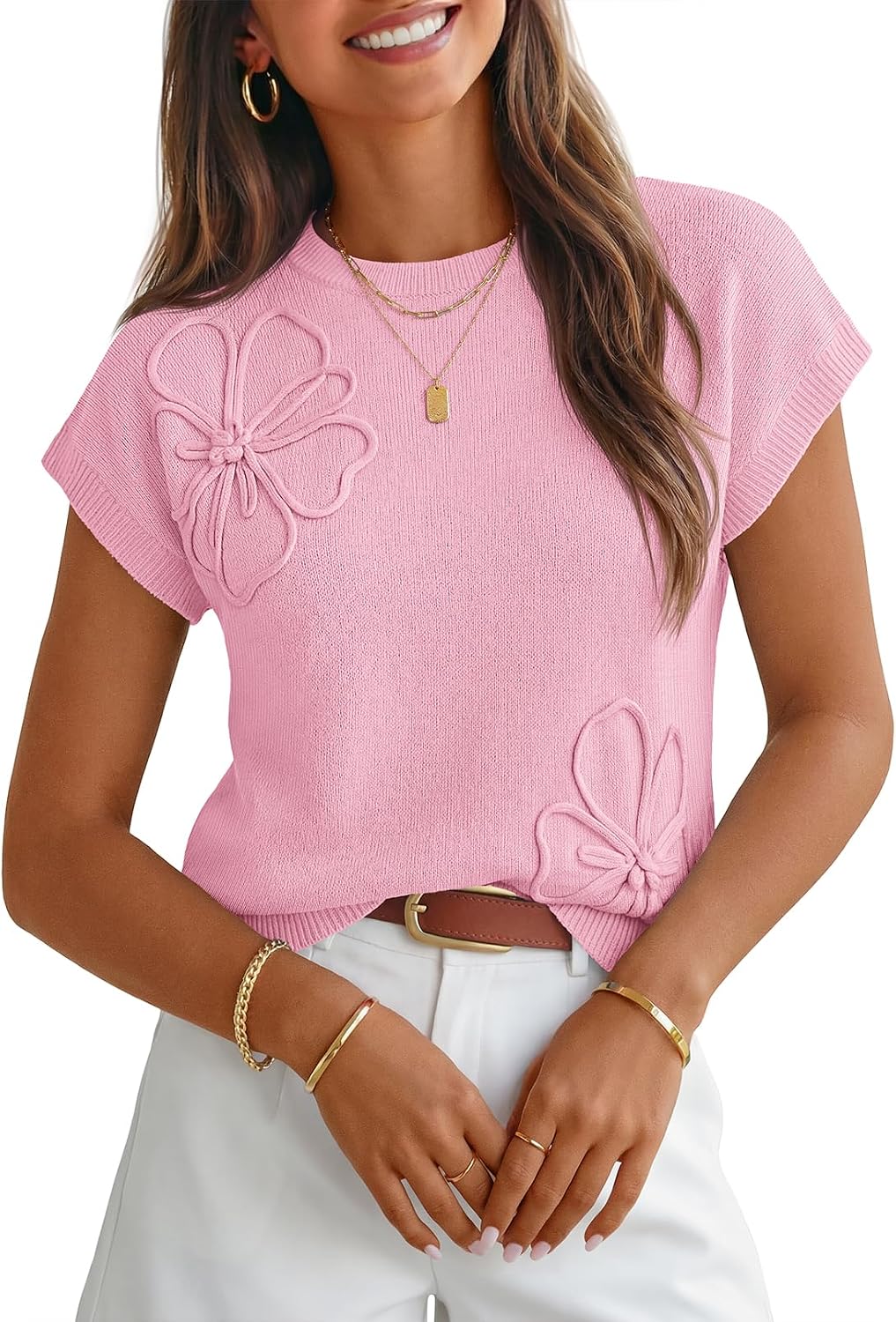 Florentine Women's 3D Floral Knit Top – Cap Sleeves, Crewneck & Comfortable Fit