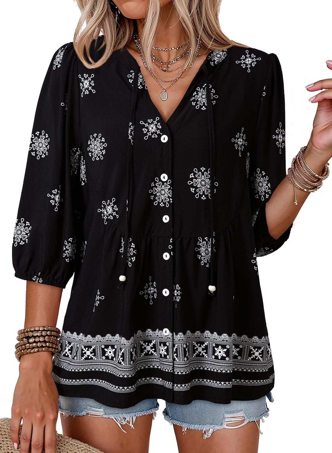 Adalgisa Women's Floral Peplum Blouse – V-Neckline, Tie Front & Button-Down Design