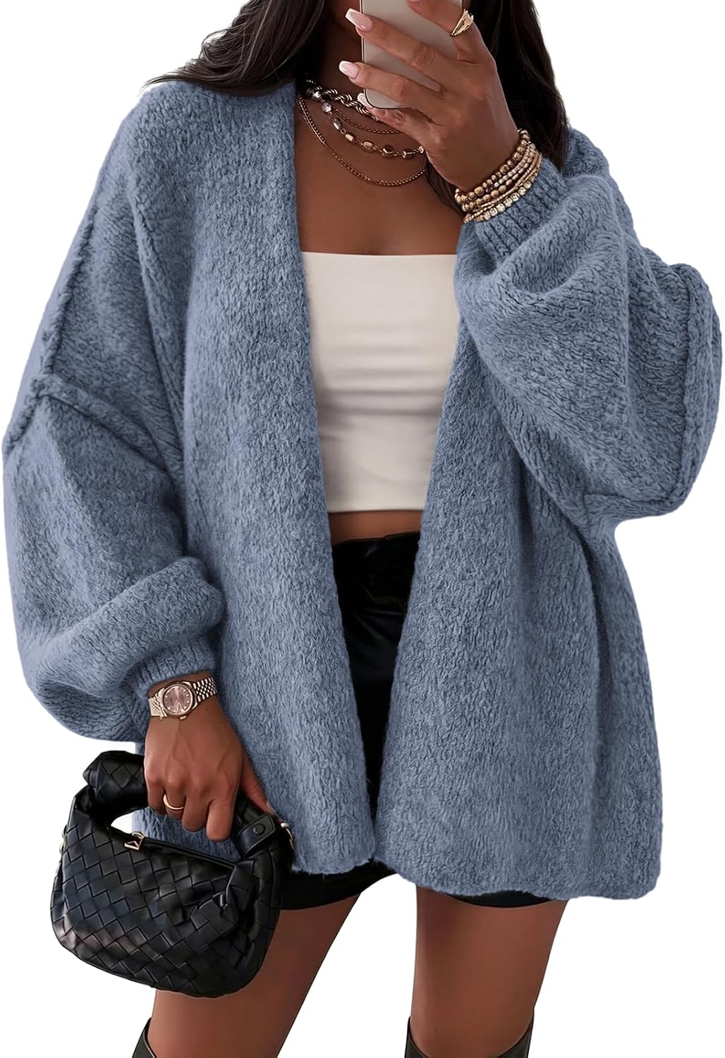 Mireio Women's Oversized Cardigan – Balloon Sleeves, Dropped-Shoulder Design & Open-Front Design