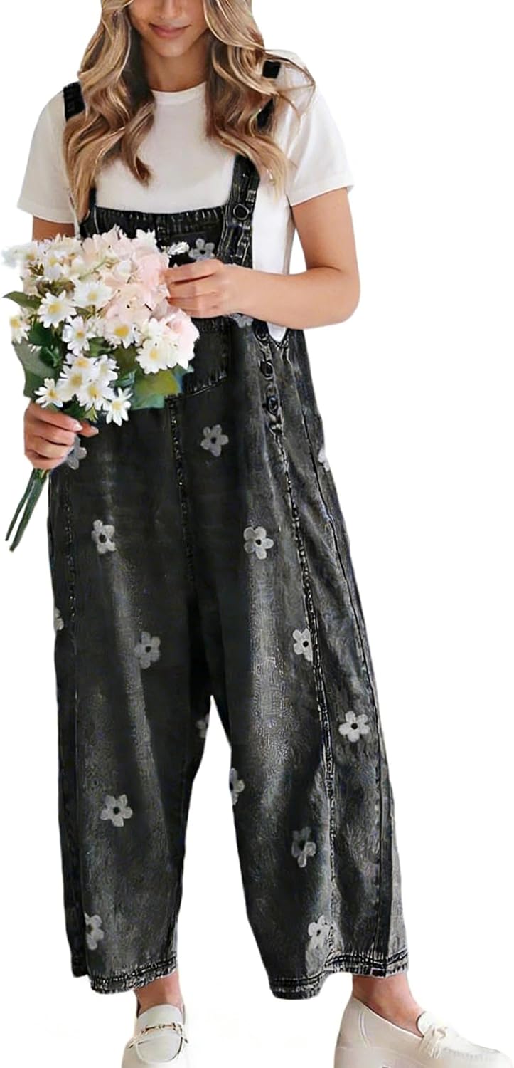 Ilaria Women's Floral Denim Overalls – Wide Leg, Adjustable Straps & Multiple Handy Pockets