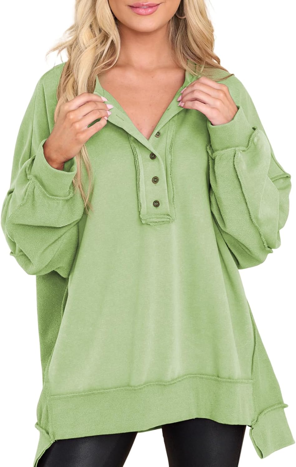 Imogen Women's Henley Sweatshirt – Button V-Neckline, Dropped-Shoulder Design & Loose Silhouette