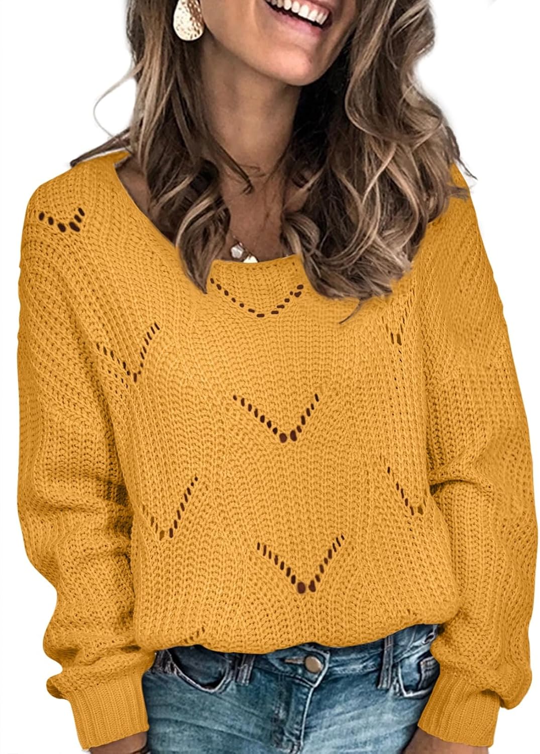 Ingrida Women's Hollow Knit Sweater – Convertible Neckline, Full-Length Sleeves & Relaxed Silhouette