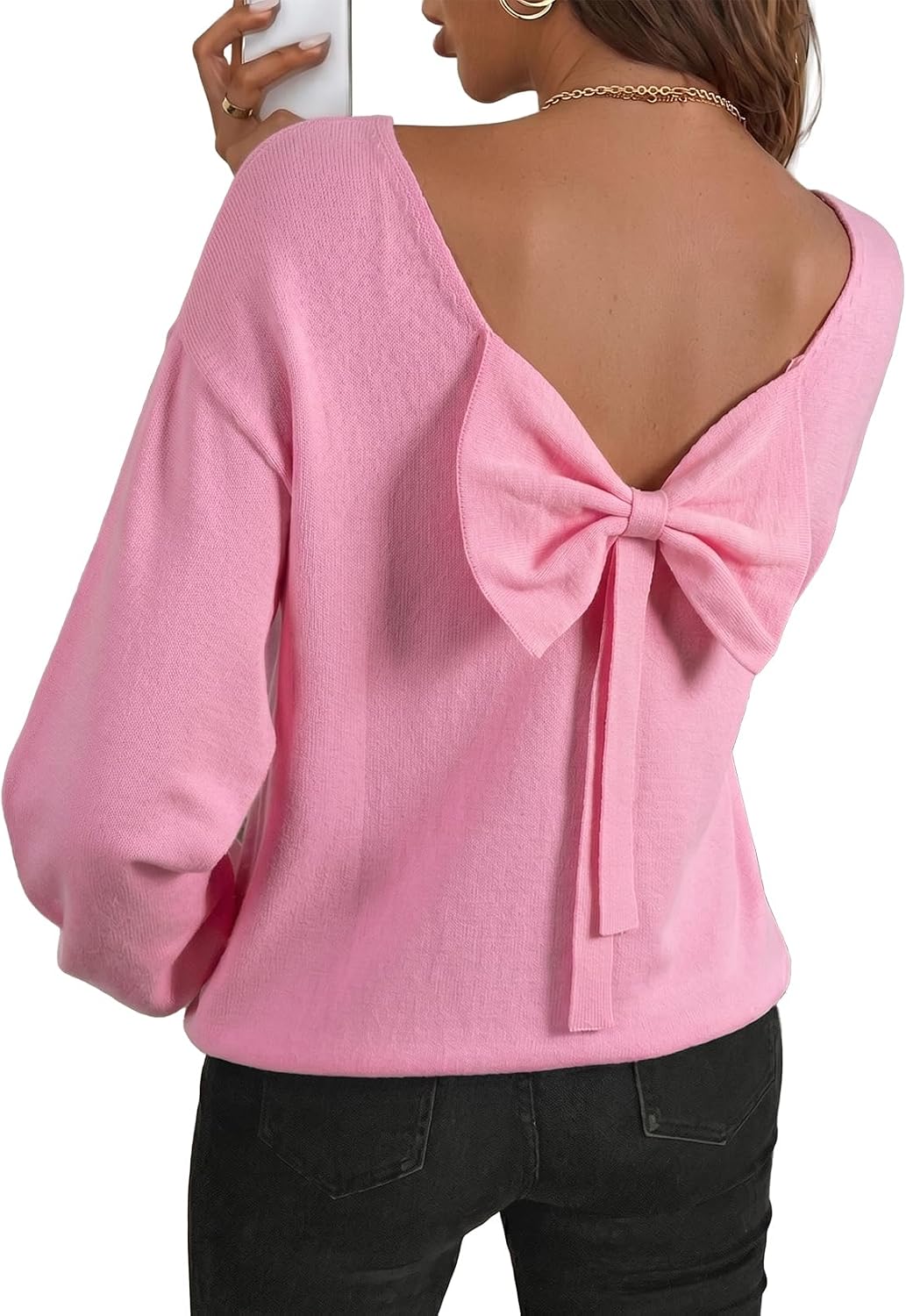 Aldric Women's Back Bow Knit Sweater – Open Back, Balloon Sleeves & Comfortable Fit