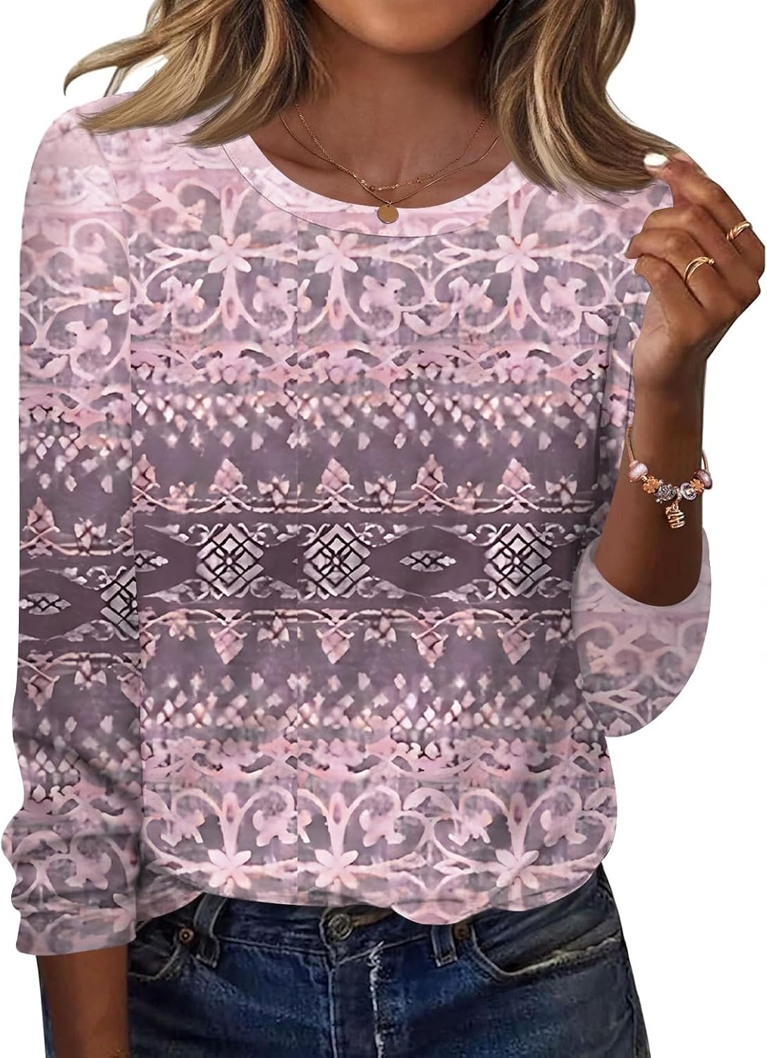Sabelle Women's Printed Long Sleeve Top – Round Neckline, Curved Hem & Comfortable Fit