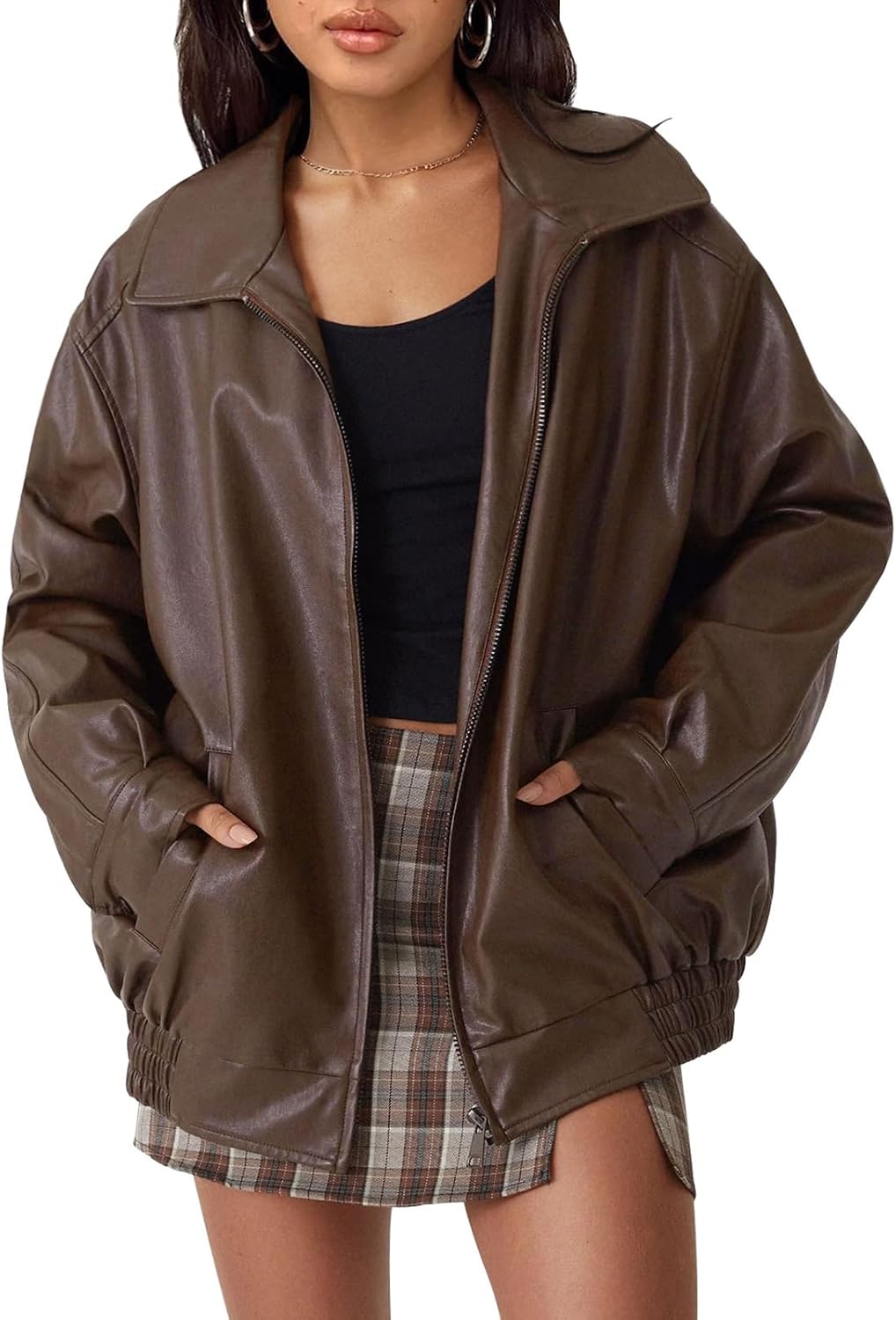 Solveig Women's Oversized Vegan Leather Jacket – Biker Style, Zip-Up Front & Boyfriend Fit