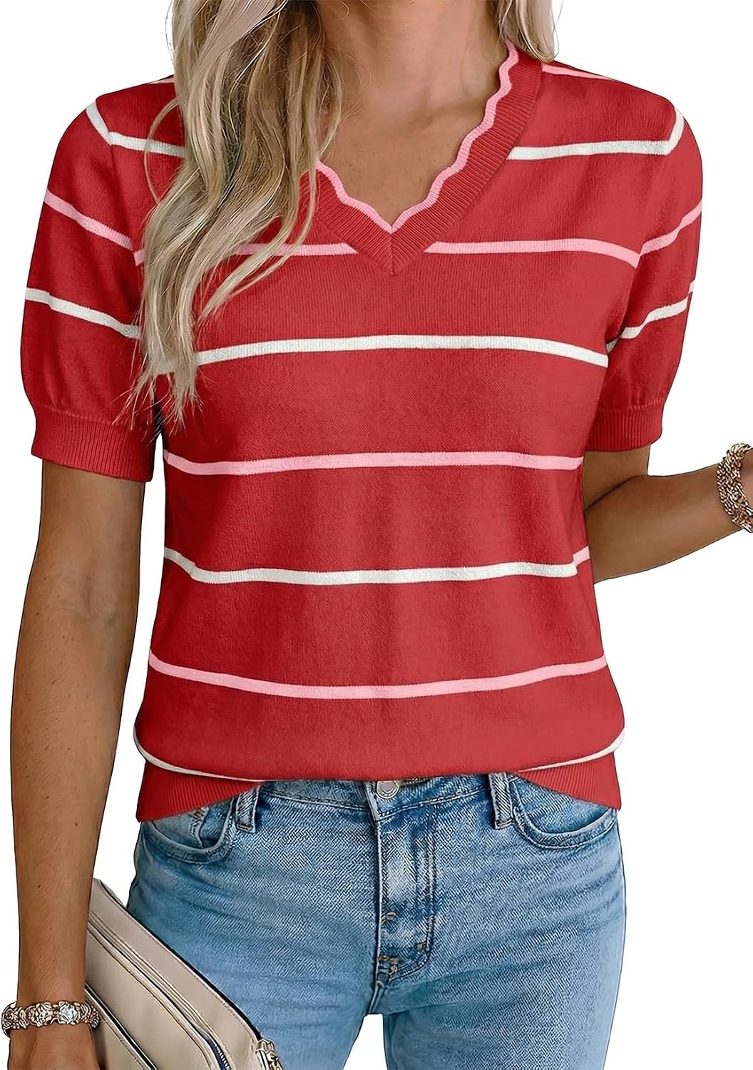 Vianne Women's Ruffle V-Neckline Knit Top – Short-Sleeve Design, Colour Block & Pullover