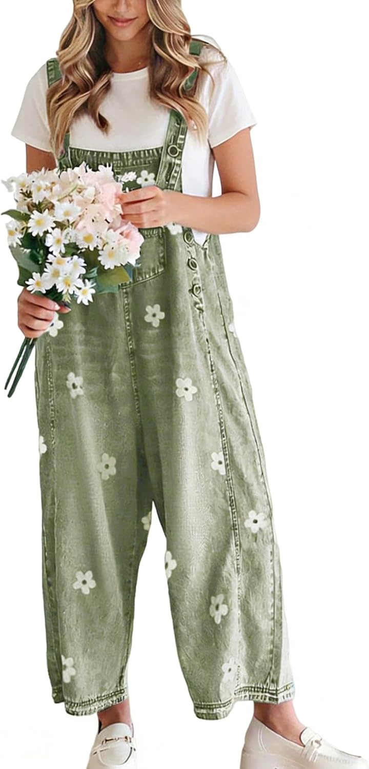 Ilaria Women's Floral Denim Overalls – Wide Leg, Adjustable Straps & Multiple Handy Pockets
