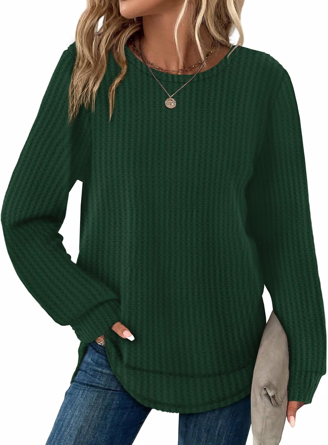 Dresden Women's Waffle Knit Tunic Top – Round Neckline, Full-Length Sleeves & Curved Hem