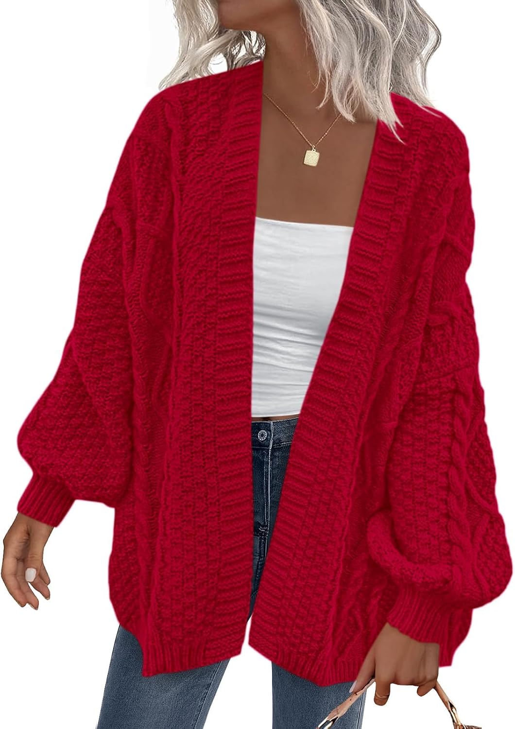 Rasmus Women's Cable Knit Cardigan – Balloon Sleeves, Dropped-Shoulder Design & Roomy Fit