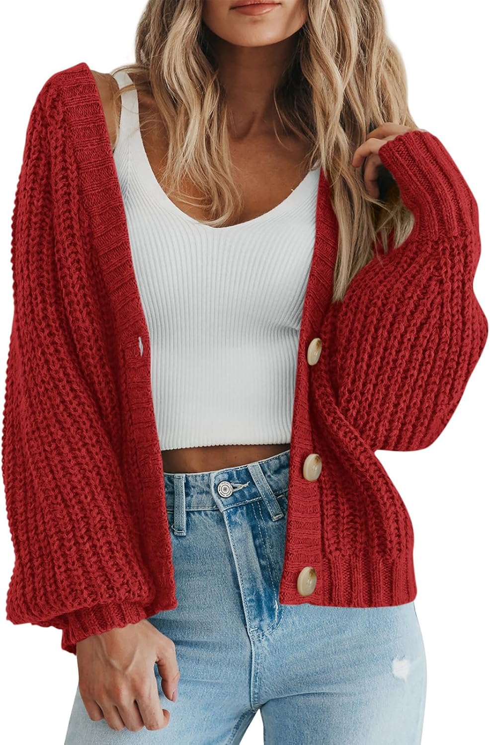 Rasmus Women's Oversized Knit Cardigan – Deep V-Neckline, Button-Up Front & Chunky Knit