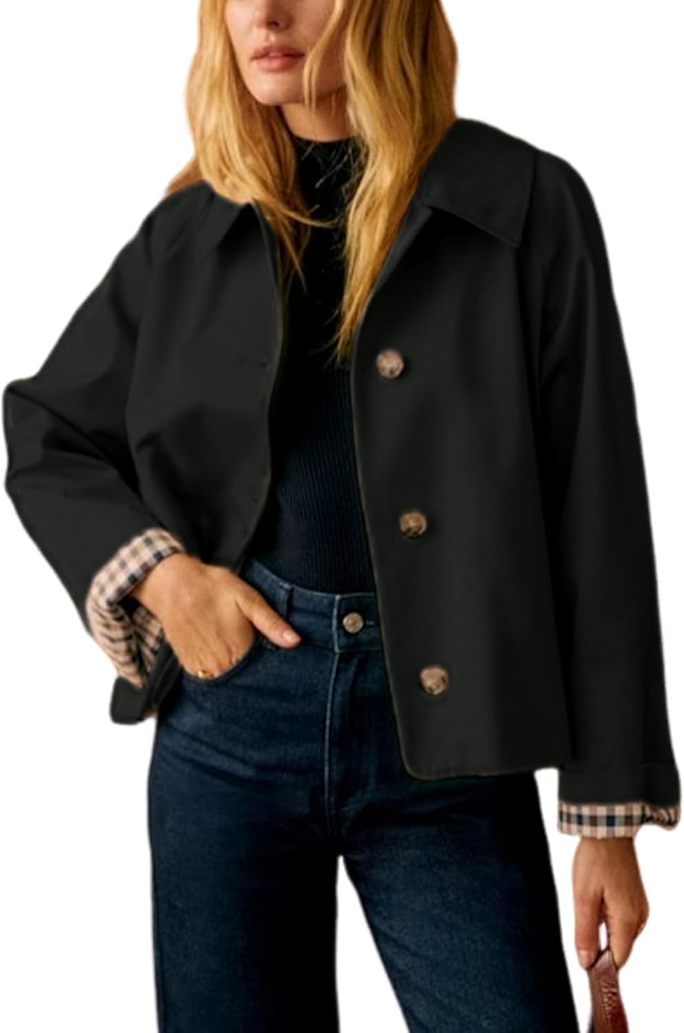 Callum Women's Cropped Trench Jacket – Roomy Fit, Notched Lapel & Plaid Lining