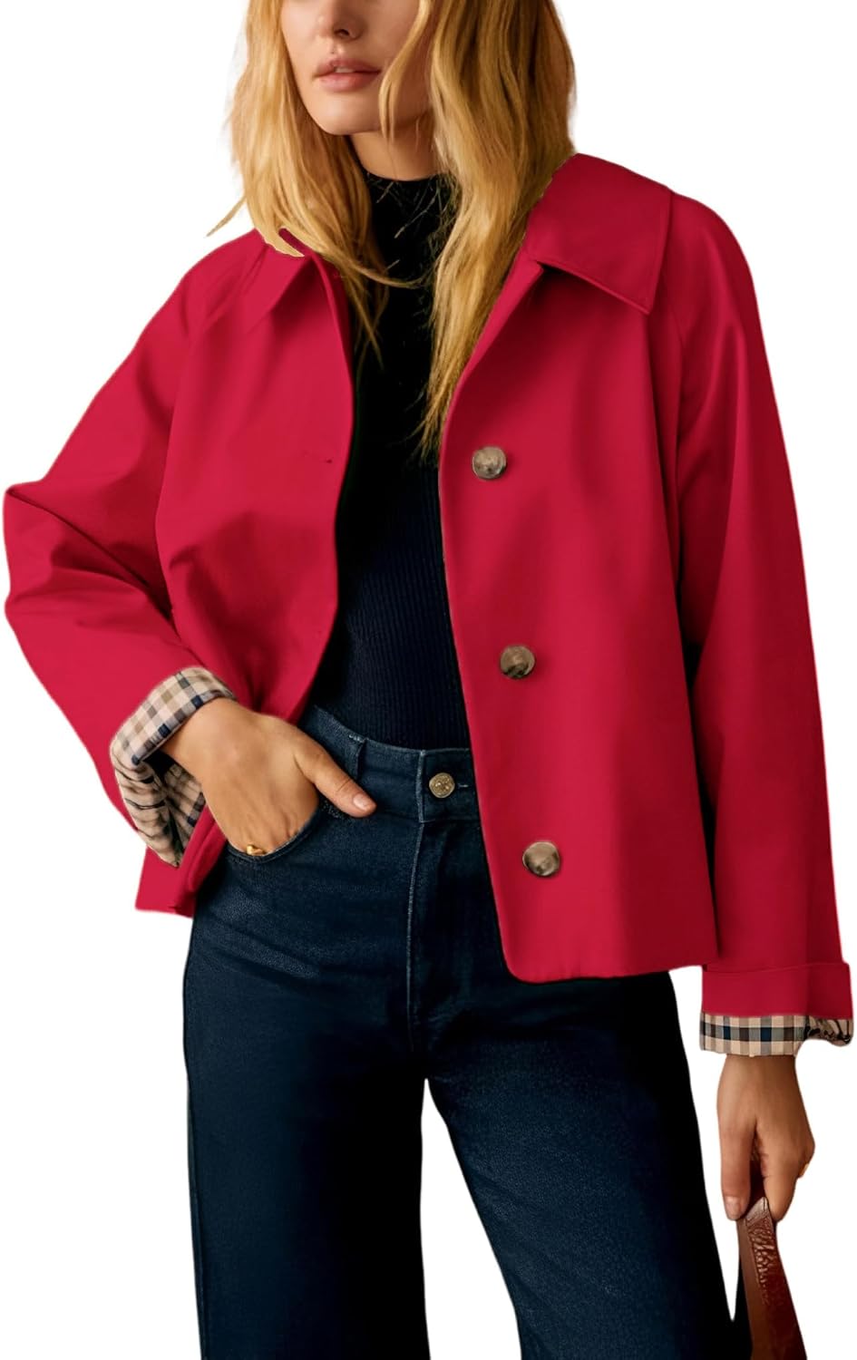 Callum Women's Cropped Trench Jacket – Roomy Fit, Notched Lapel & Plaid Lining