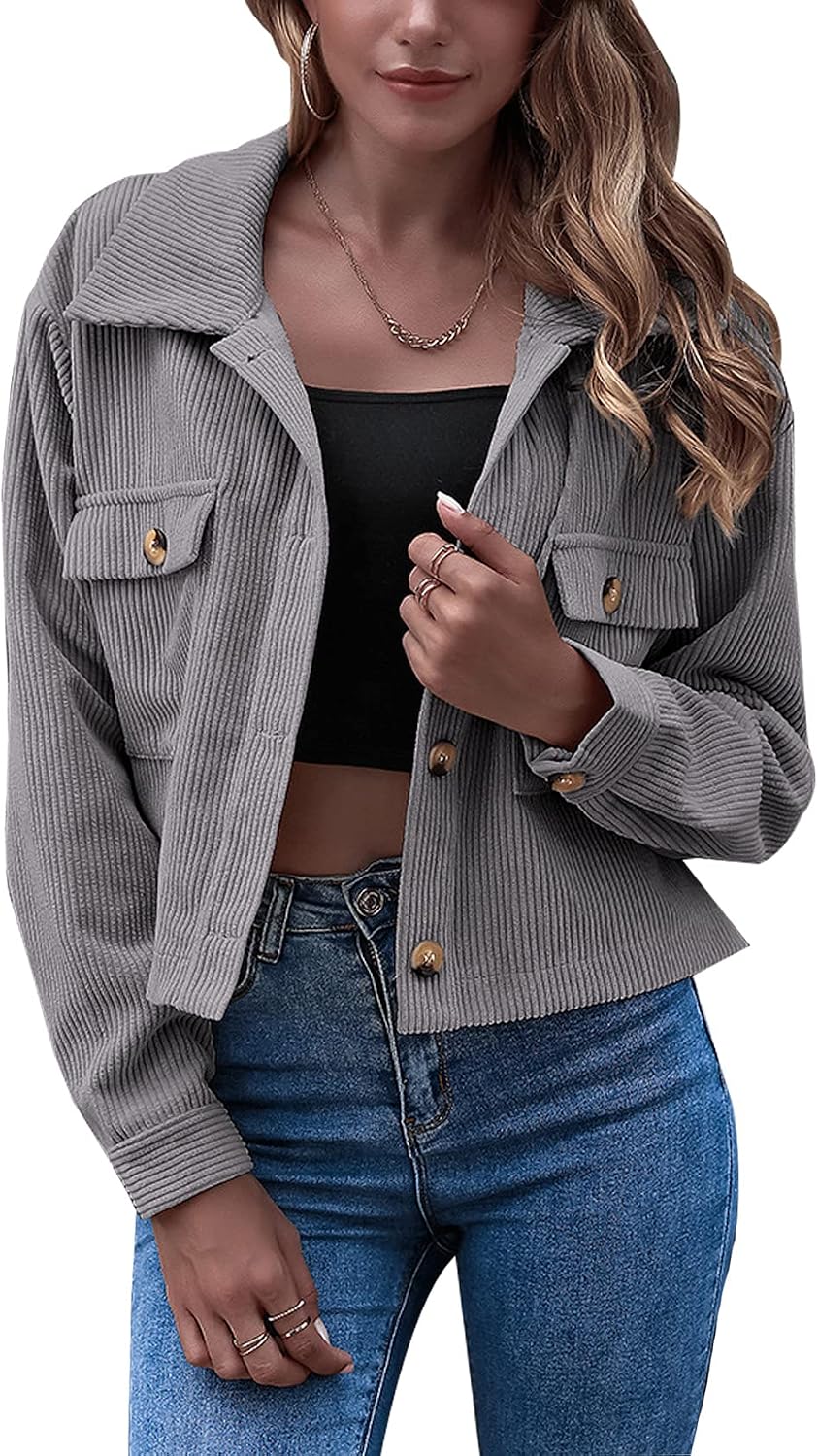 Tabitha Women's Corduroy Jacket – Cropped Button-Up Shacket with Flap Pockets