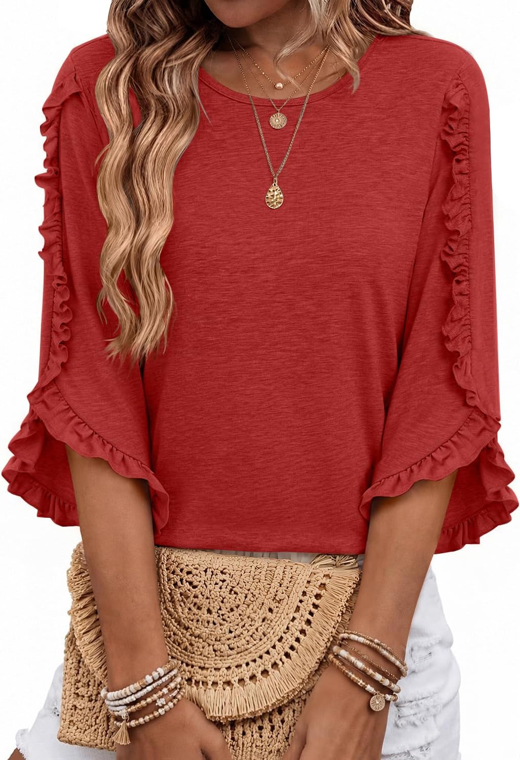 Adalgisa Women's Ruffle Trim Top – Crewneck, 3/4 Sleeves & Easy Fit