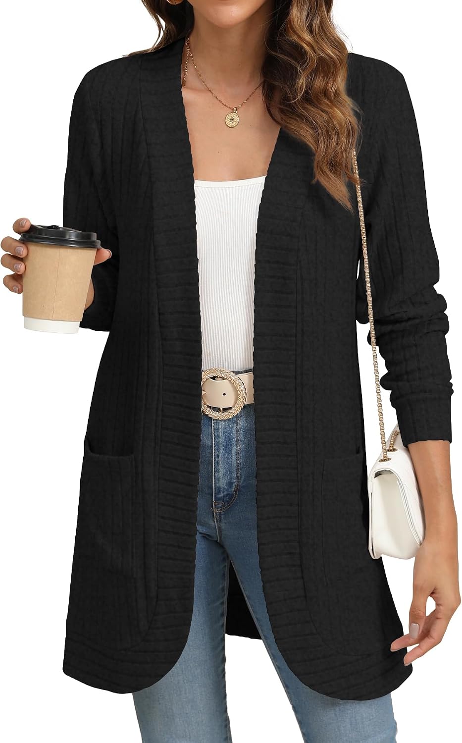 Draycen Women's Ribbed Open-Front Cardigan – Full-Length Sleeves, Relaxed Silhouette & Side Slip Pockets