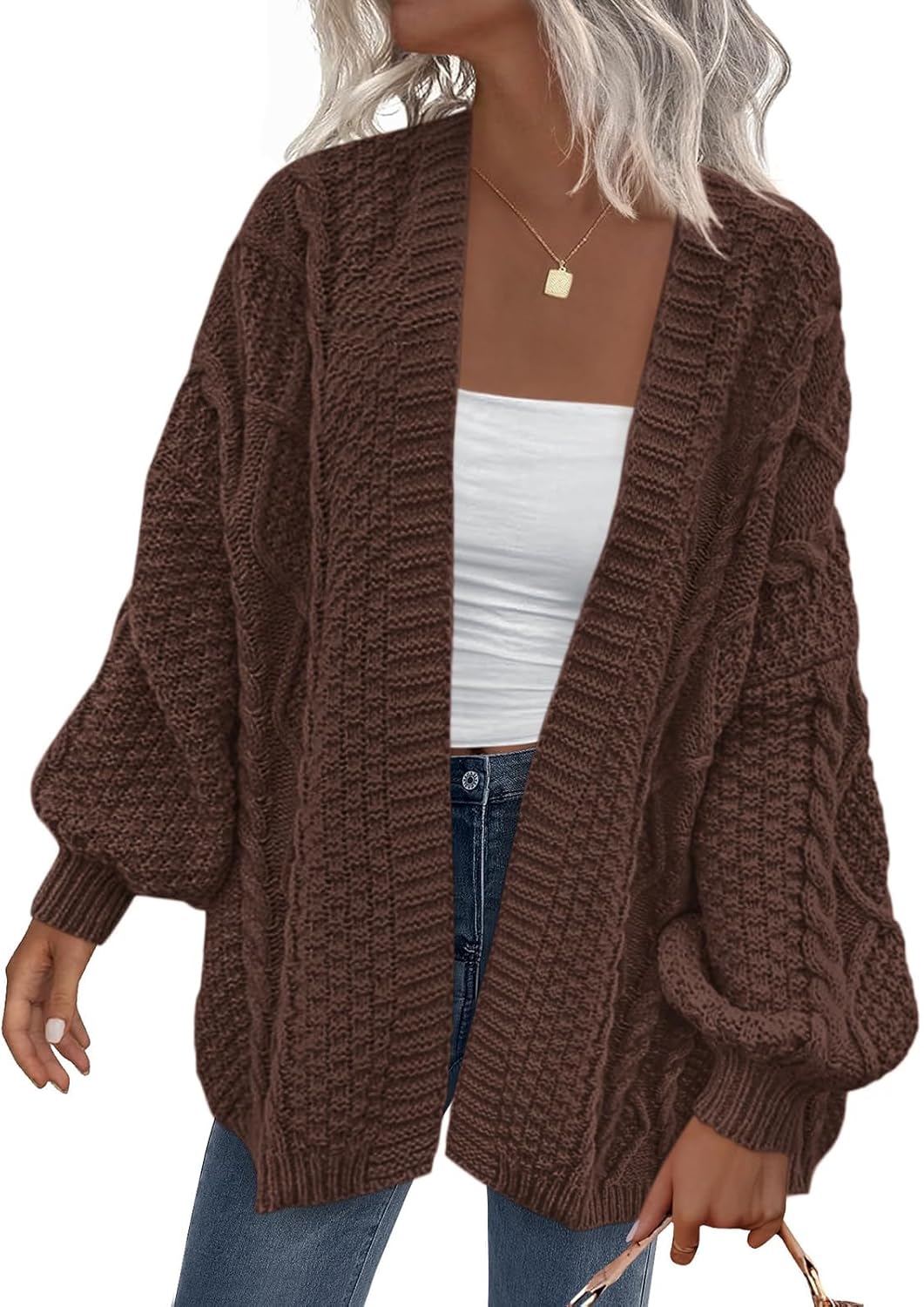 Rasmus Women's Cable Knit Cardigan – Balloon Sleeves, Dropped-Shoulder Design & Roomy Fit