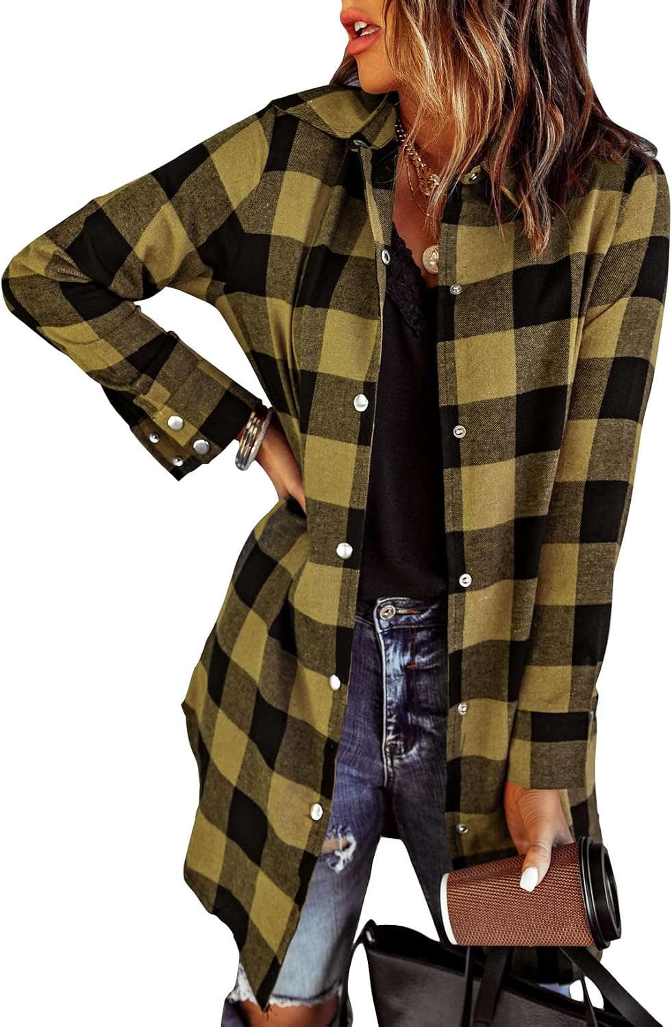 Farah Women's Plaid Shacket – Button-Up Front, Boyfriend Fit & Handy Pockets