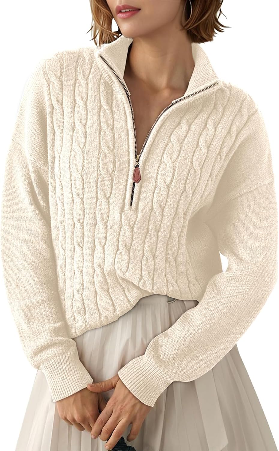 Eowyn Women's Ribbed Quarter-Zip Sweater – V-Neckline, Dropped-Shoulder Design & Comfortable Fit