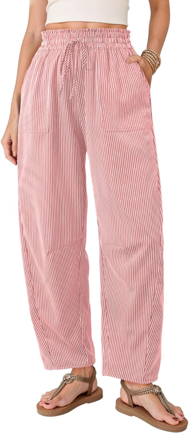 Sabelle Women's Striped Barrel-Leg Trousers – Paper-Bag Waist, Drawstring & Handy Pockets