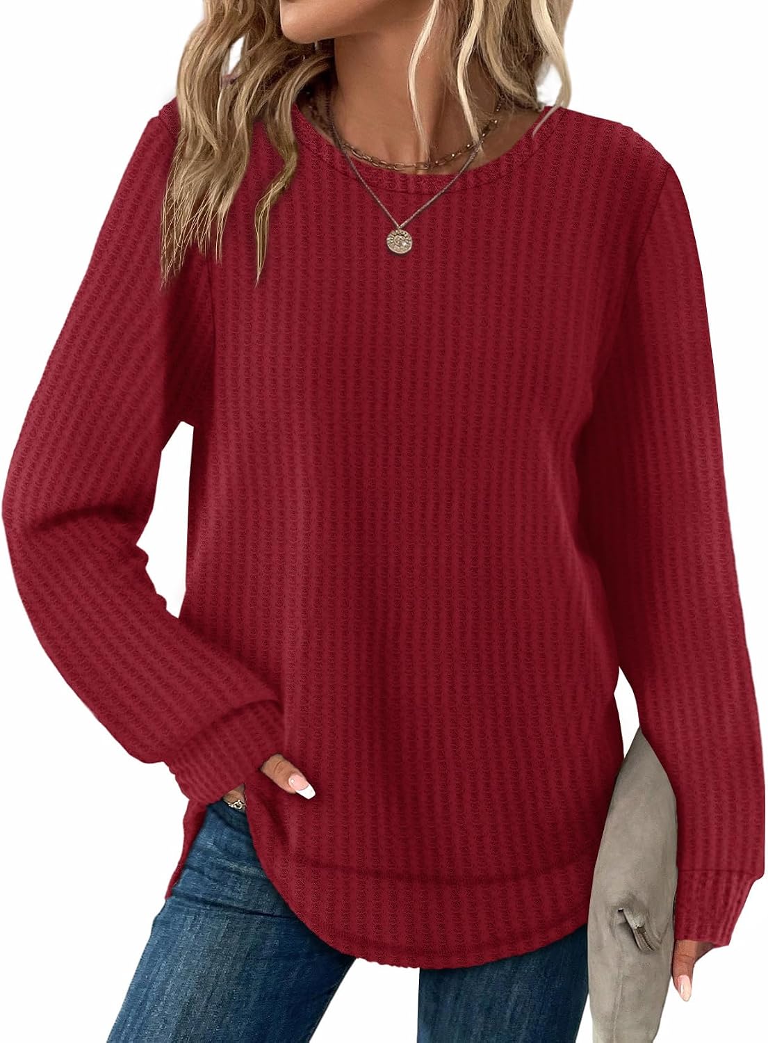 Dresden Women's Waffle Knit Tunic Top – Round Neckline, Full-Length Sleeves & Curved Hem