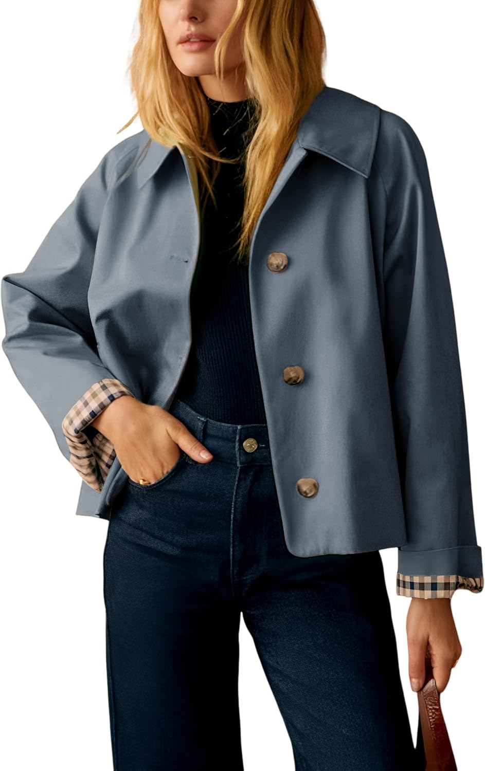 Callum Women's Cropped Trench Jacket – Roomy Fit, Notched Lapel & Plaid Lining