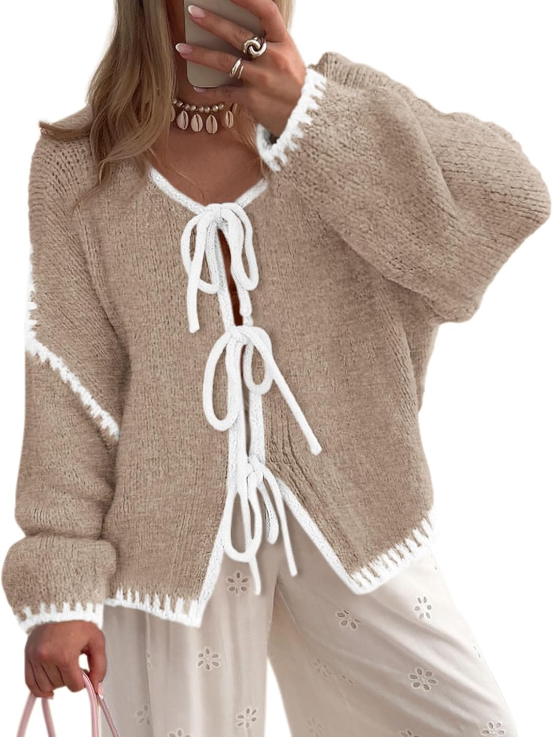 Jaspar Women's Cable Knit Cardigan – Tie Front, Puff Sleeves & Roomy Fit