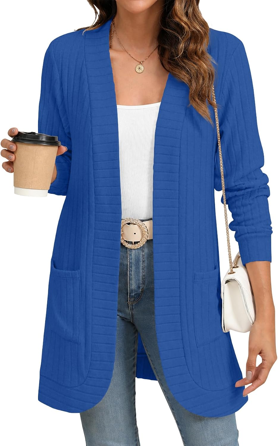 Draycen Women's Ribbed Open-Front Cardigan – Full-Length Sleeves, Relaxed Silhouette & Side Slip Pockets