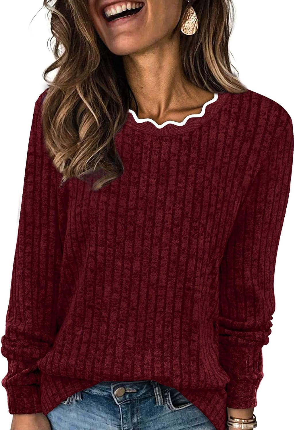 Nectaria Women's Scallop Neck Sweater – Full-Length Sleeves, Easy Fit & Plush Knit