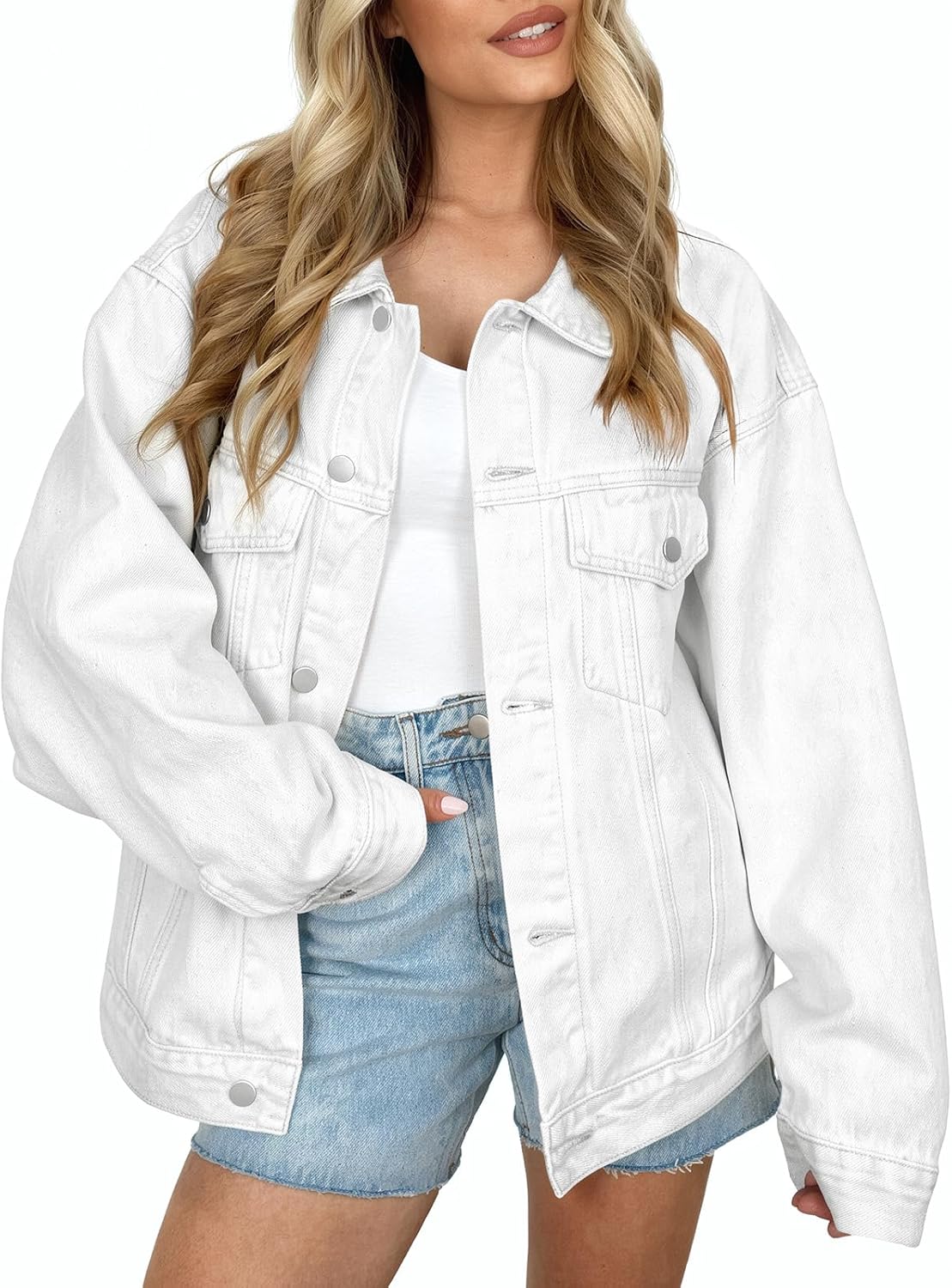 Mireio Women's Distressed Denim Jacket – Roomy Fit, Front Chest Pockets & Dropped-Shoulder Design