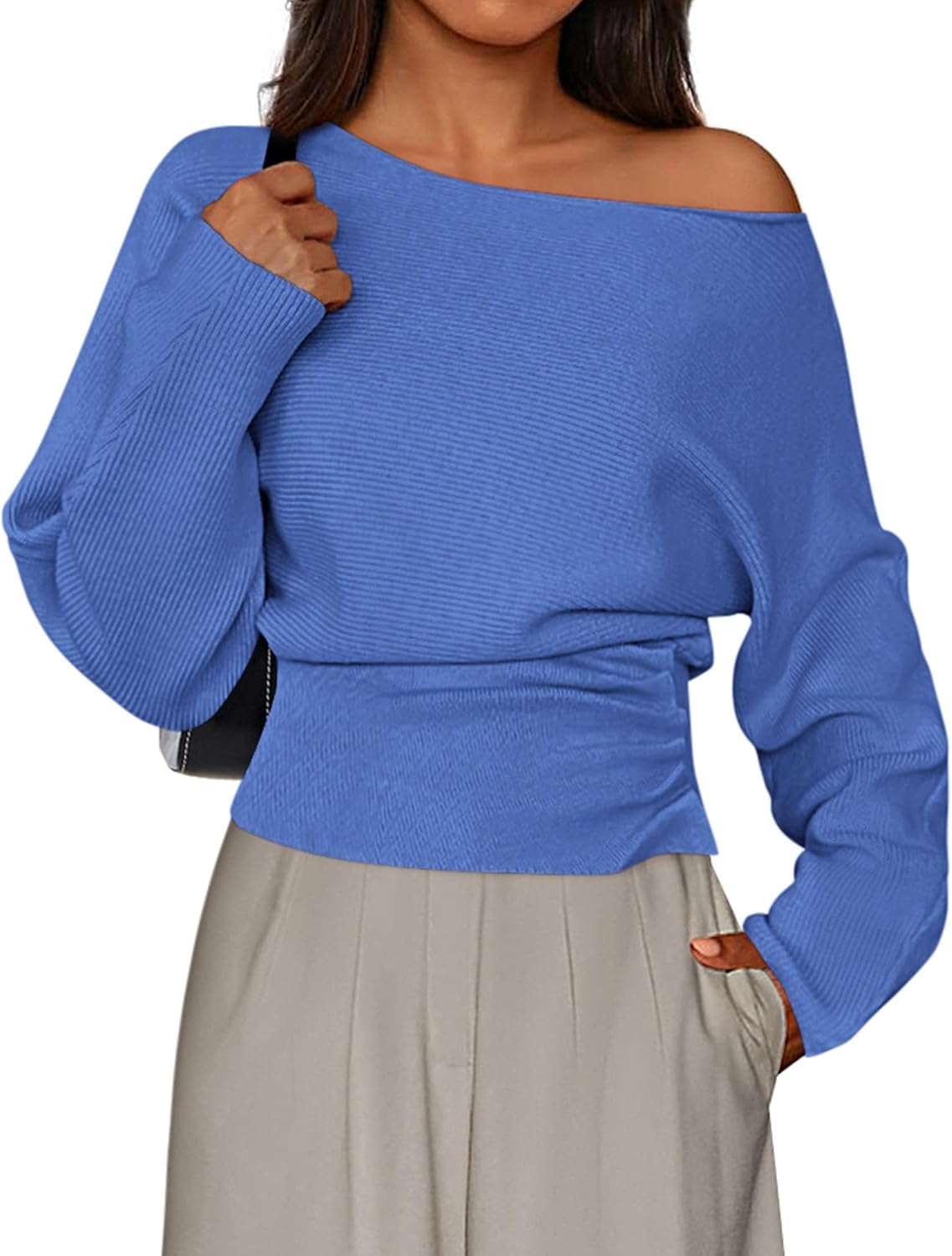 Dresden Women's Off-Shoulder Sweater – Ribbed Knit Fabric, Full-Length Sleeves & Fitted Waist
