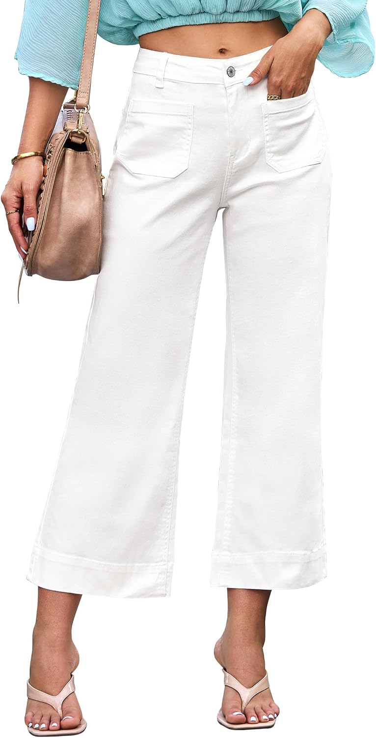 Eowyn Women's White Wide-Leg Jeans – High-Rise Waist, Stretch Denim & Patch Handy Pockets