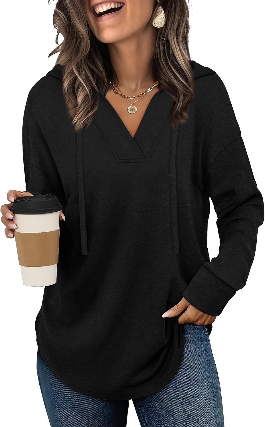 Eowyn Women's V-Neckline Hoodie – Asymmetric Hem, Full-Length Sleeves & Comfortable Fit