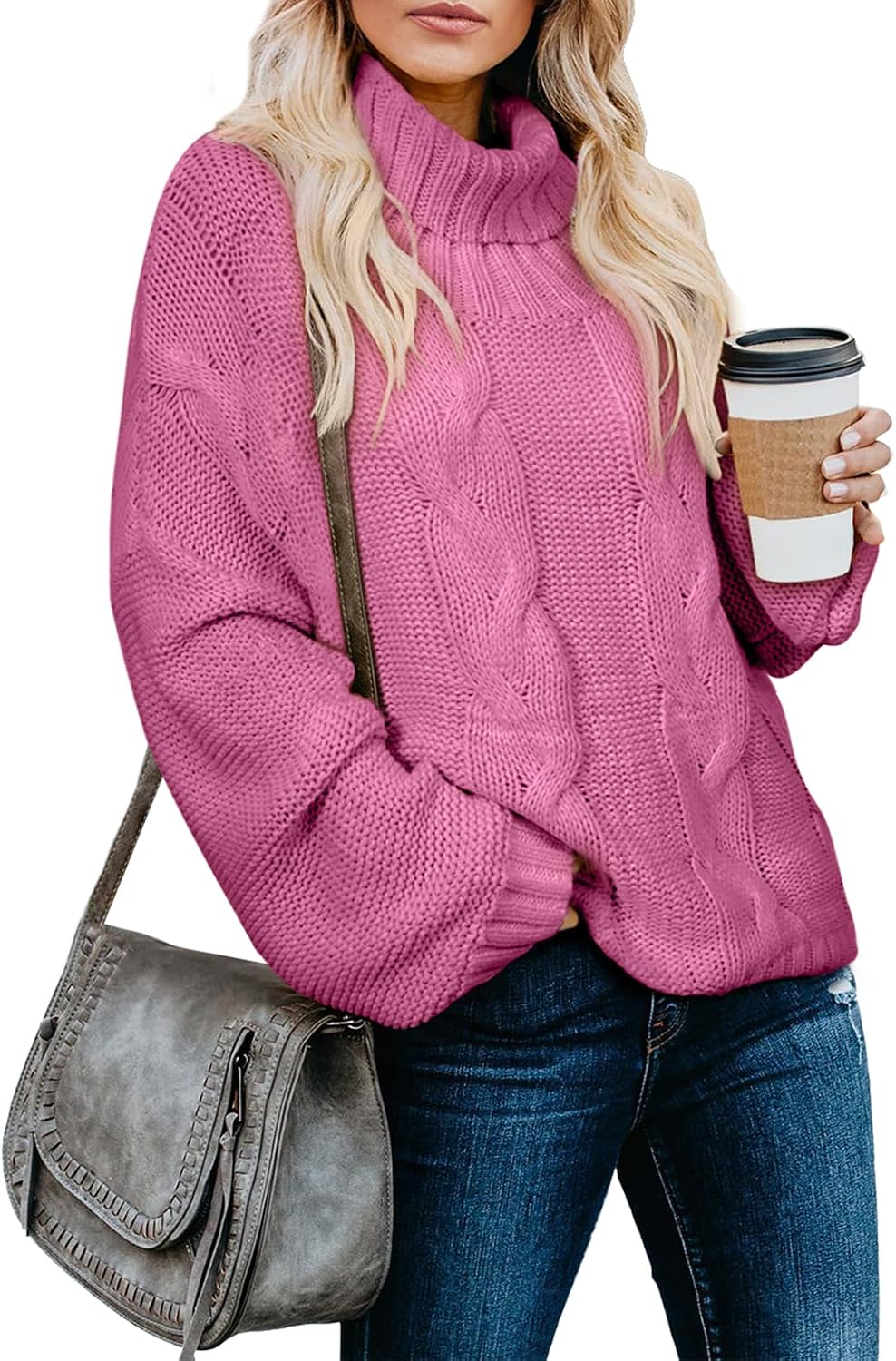 Giselle Women's Cable Knit Turtleneck Sweater – Dolman Sleeves, Cropped Fit & Ribbed Hem