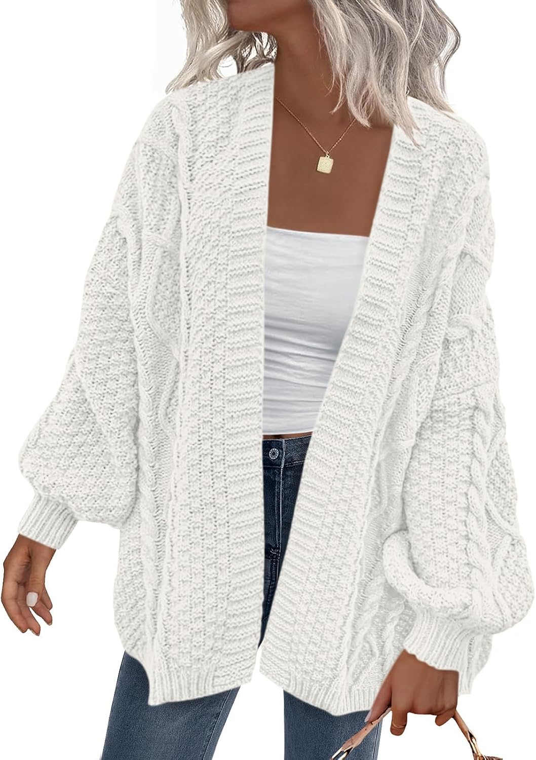 Rasmus Women's Cable Knit Cardigan – Balloon Sleeves, Dropped-Shoulder Design & Roomy Fit