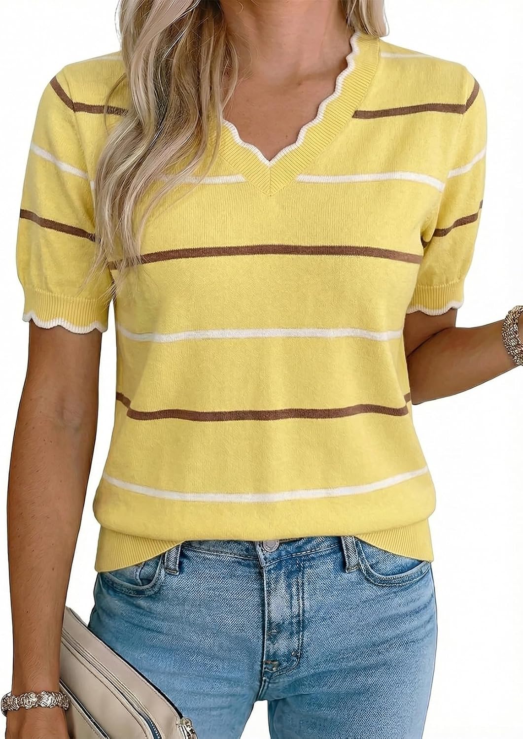 Vianne Women's Ruffle V-Neckline Knit Top – Short-Sleeve Design, Colour Block & Pullover