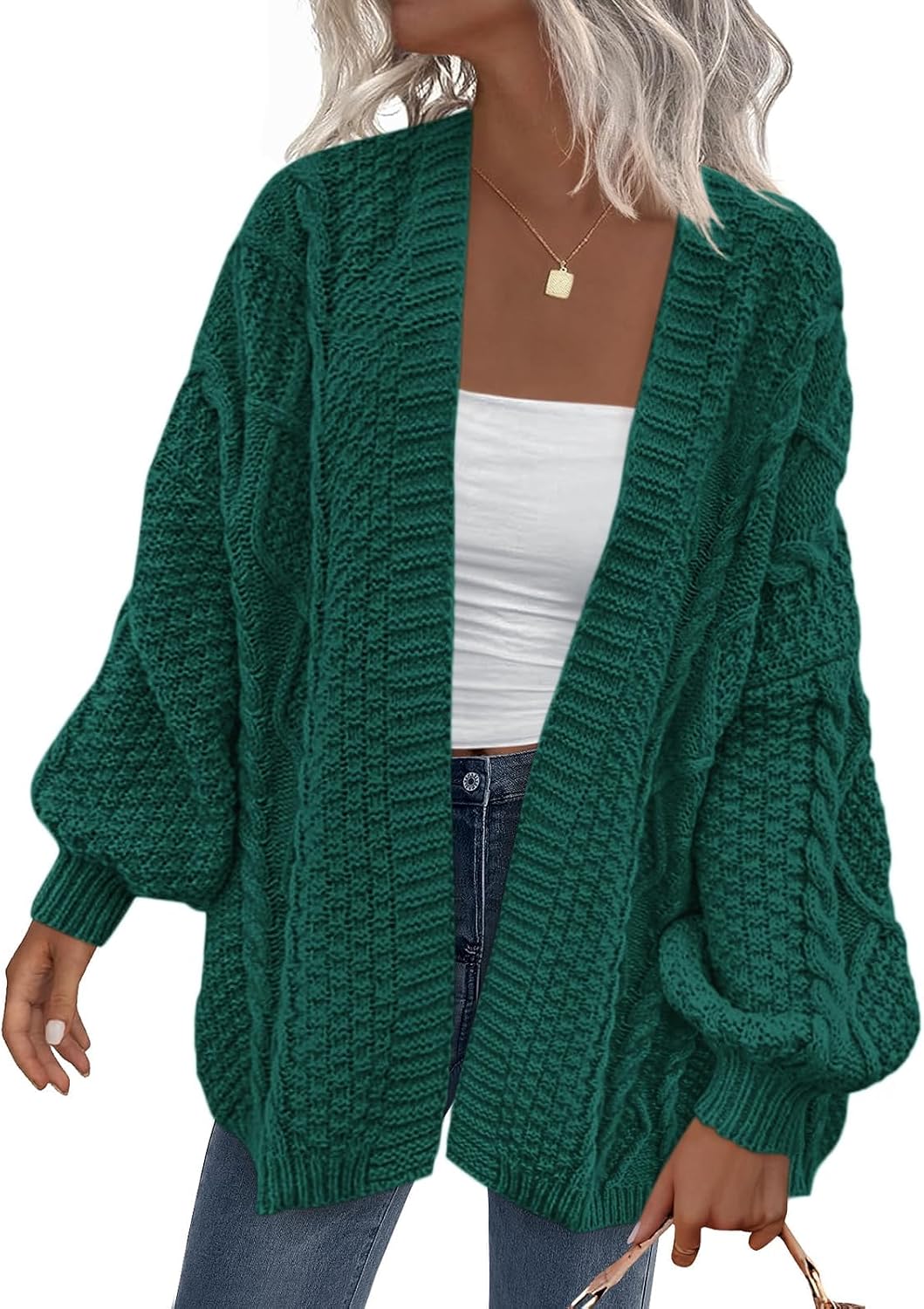 Rasmus Women's Cable Knit Cardigan – Balloon Sleeves, Dropped-Shoulder Design & Roomy Fit