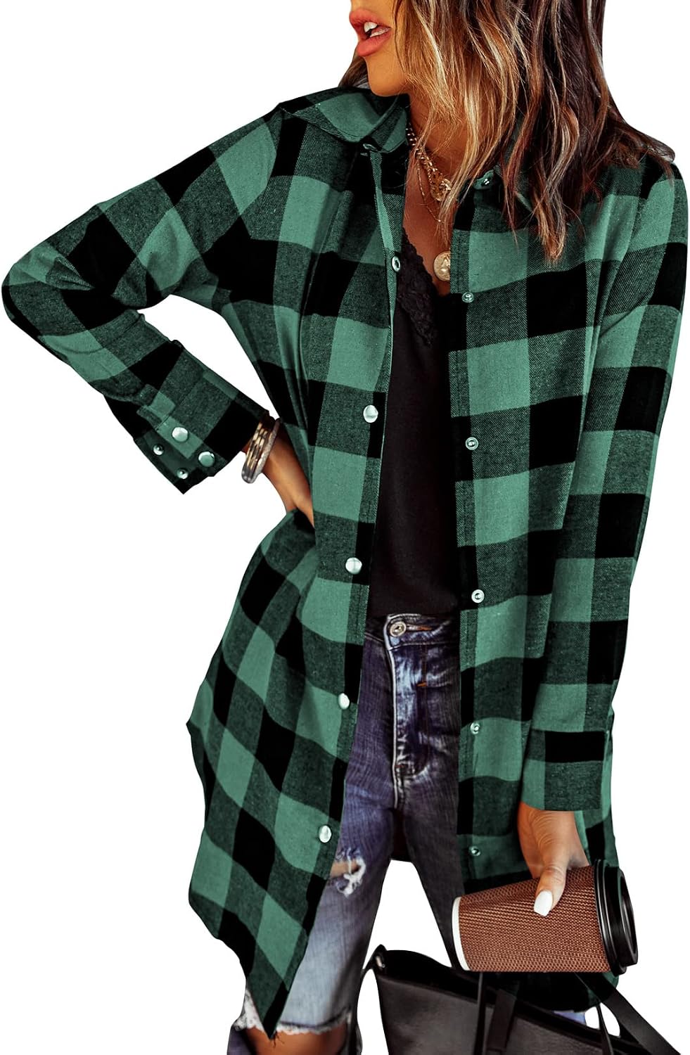 Farah Women's Plaid Shacket – Button-Up Front, Boyfriend Fit & Handy Pockets