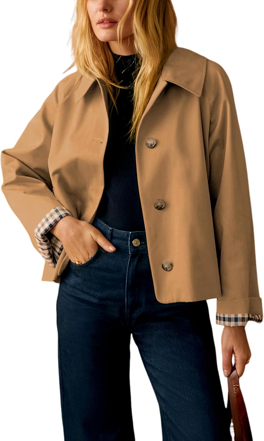 Callum Women's Cropped Trench Jacket – Roomy Fit, Notched Lapel & Plaid Lining
