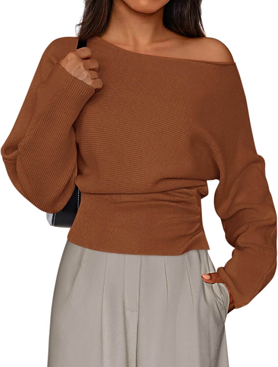 Dresden Women's Off-Shoulder Sweater – Ribbed Knit Fabric, Full-Length Sleeves & Fitted Waist