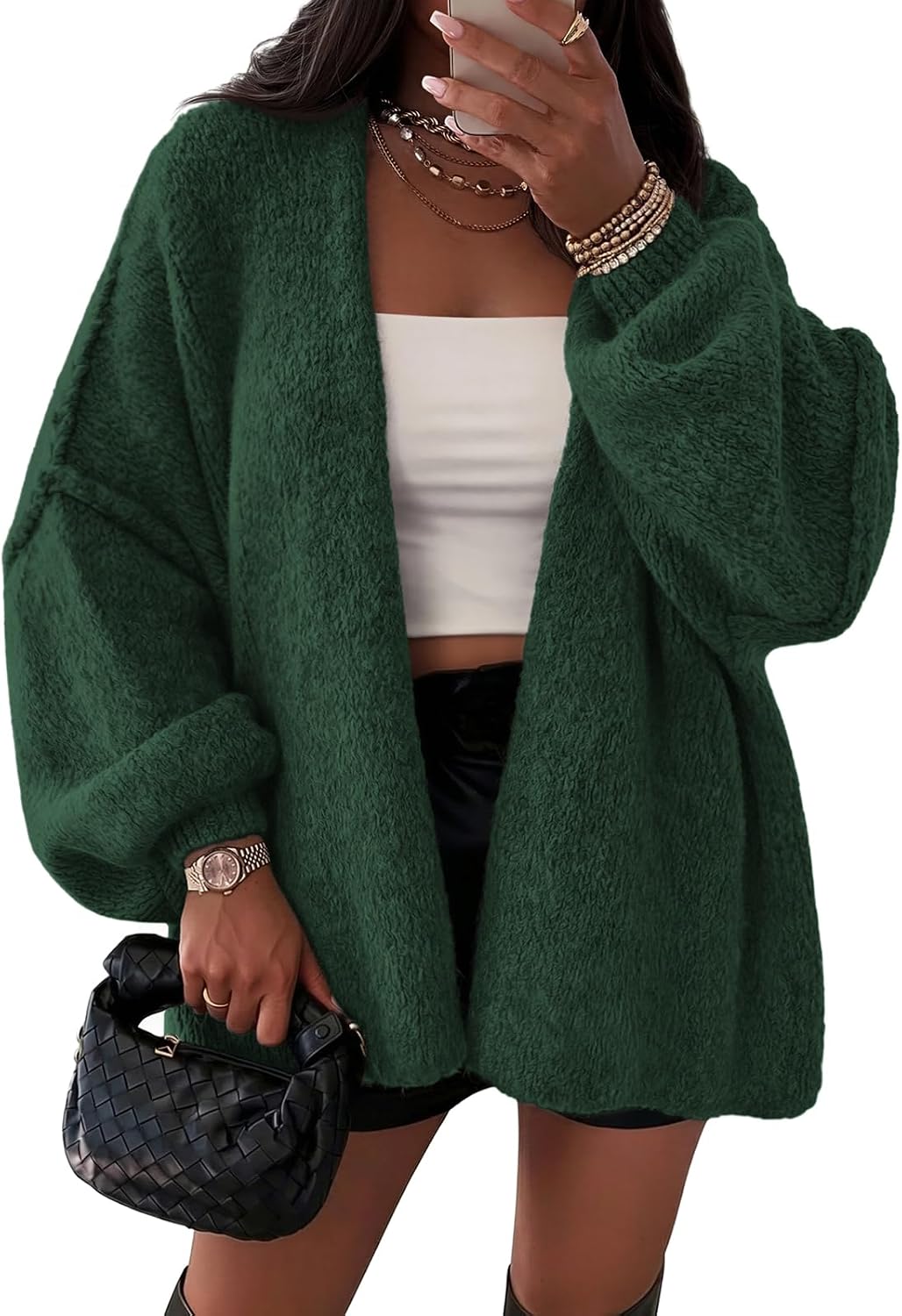 Mireio Women's Oversized Cardigan – Balloon Sleeves, Dropped-Shoulder Design & Open-Front Design