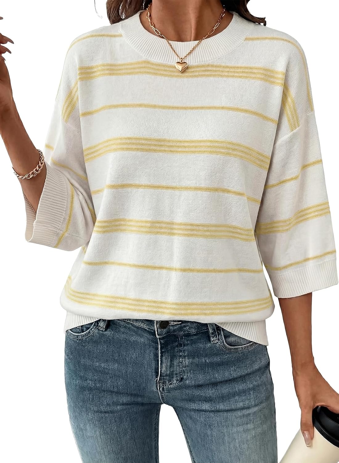 Wystanne Women's Colourblock Sweater – 3/4 Sleeves, Dropped-Shoulder Design & Loose Silhouette
