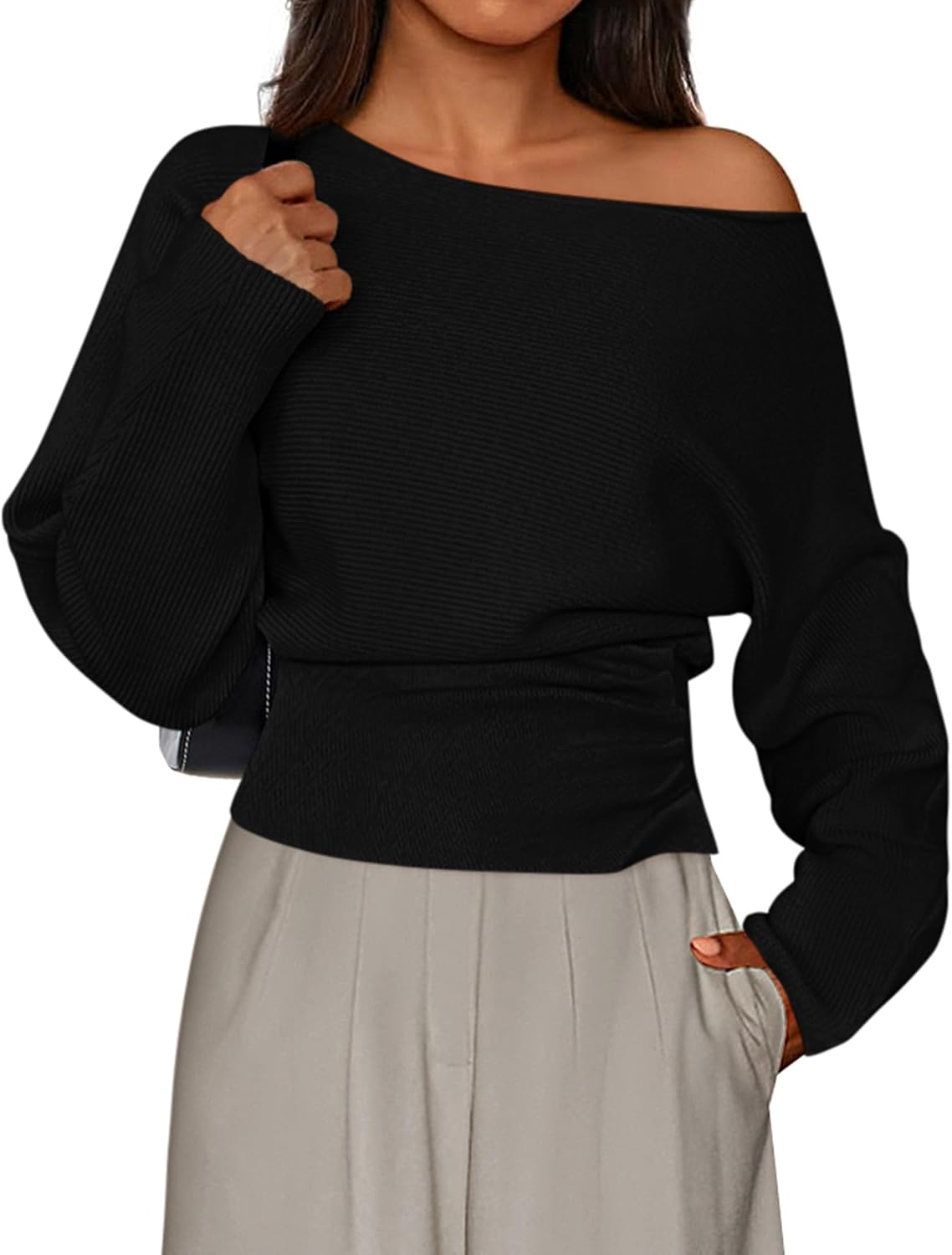 Dresden Women's Off-Shoulder Sweater – Ribbed Knit Fabric, Full-Length Sleeves & Fitted Waist