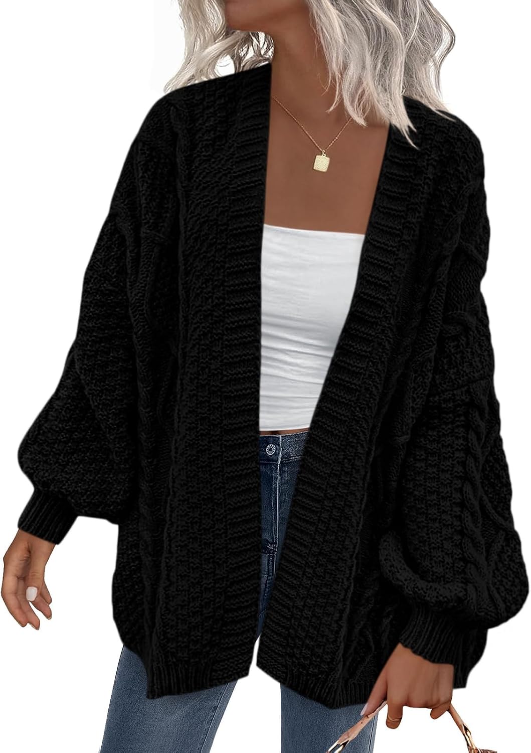 Rasmus Women's Cable Knit Cardigan – Balloon Sleeves, Dropped-Shoulder Design & Roomy Fit